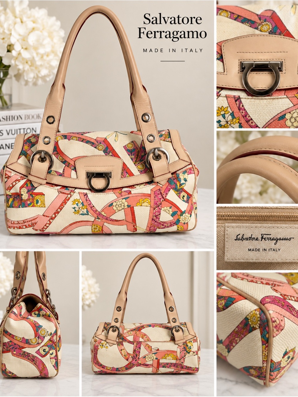 Salvatore Ferragamo Y2K Floral Gancini Canvas Shoulder Bag Made in Italy